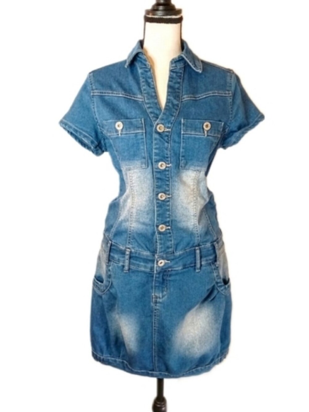 Venus Y2K Blue Denim Mini Button Up Distressed Stretch Jean Summer Dress 4